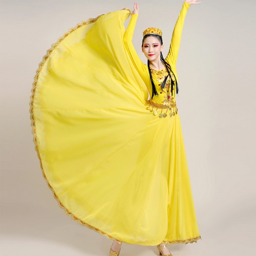 Yellow colored Xinjiang dance Dresses for women chinese folk dance costumes Opening dance big swing skirt female Uyghur ethnic minority performance costume